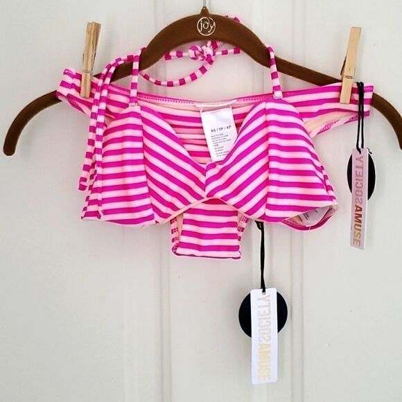 Amuse Society Pink Striped Bikini Mercury Stripe Vivid Magenta swimsuit - Picture 1 of 11